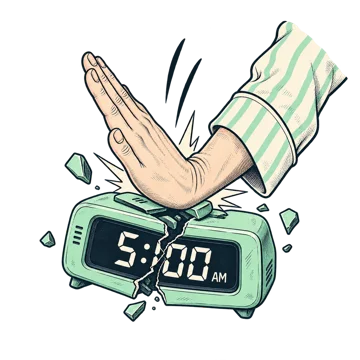 A hand karate-chopping an alarm clock showing 5:00 AM, cracking it in two
