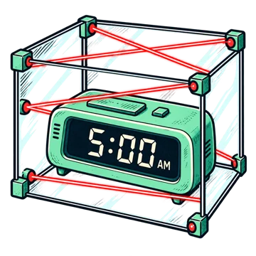 An alarm clock showing 5:00 AM locked inside a glass cage guarded by laser beams