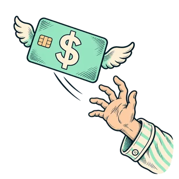 A winged credit card flying out of reach of a grasping hand