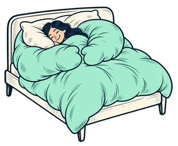 Someone smiling in their sleep, tucked under a big mint duvet