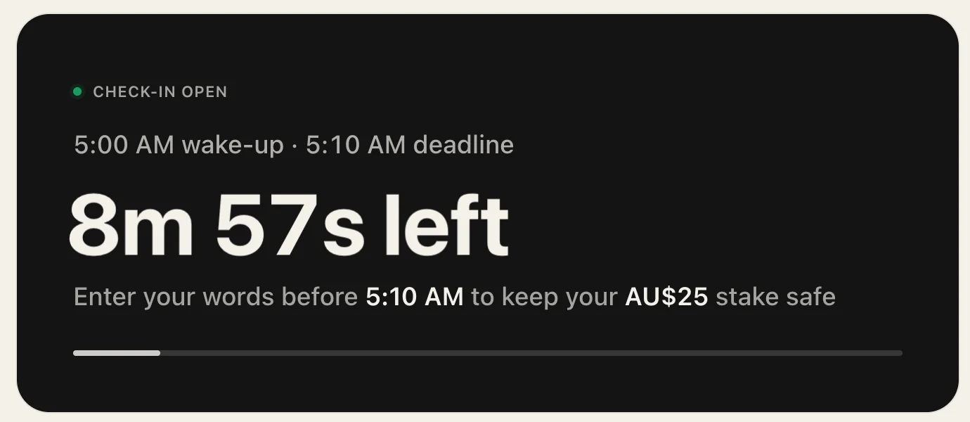 The check-in countdown in the app: 8 minutes 57 seconds left to enter your words before 5:10 AM and keep your $25 stake safe