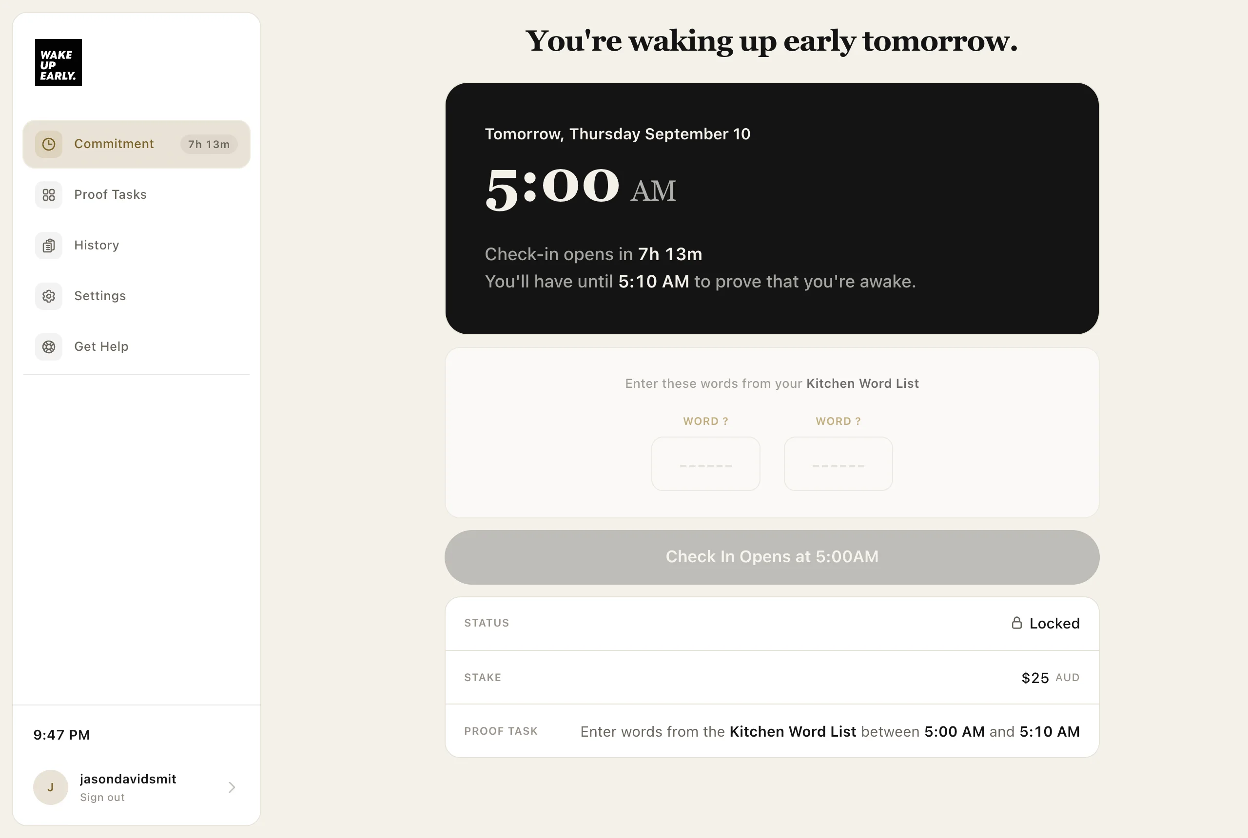 The Wake Up Early app the night before: a commitment to wake up at 5:00 AM tomorrow, with check-in opening in 7 hours 13 minutes