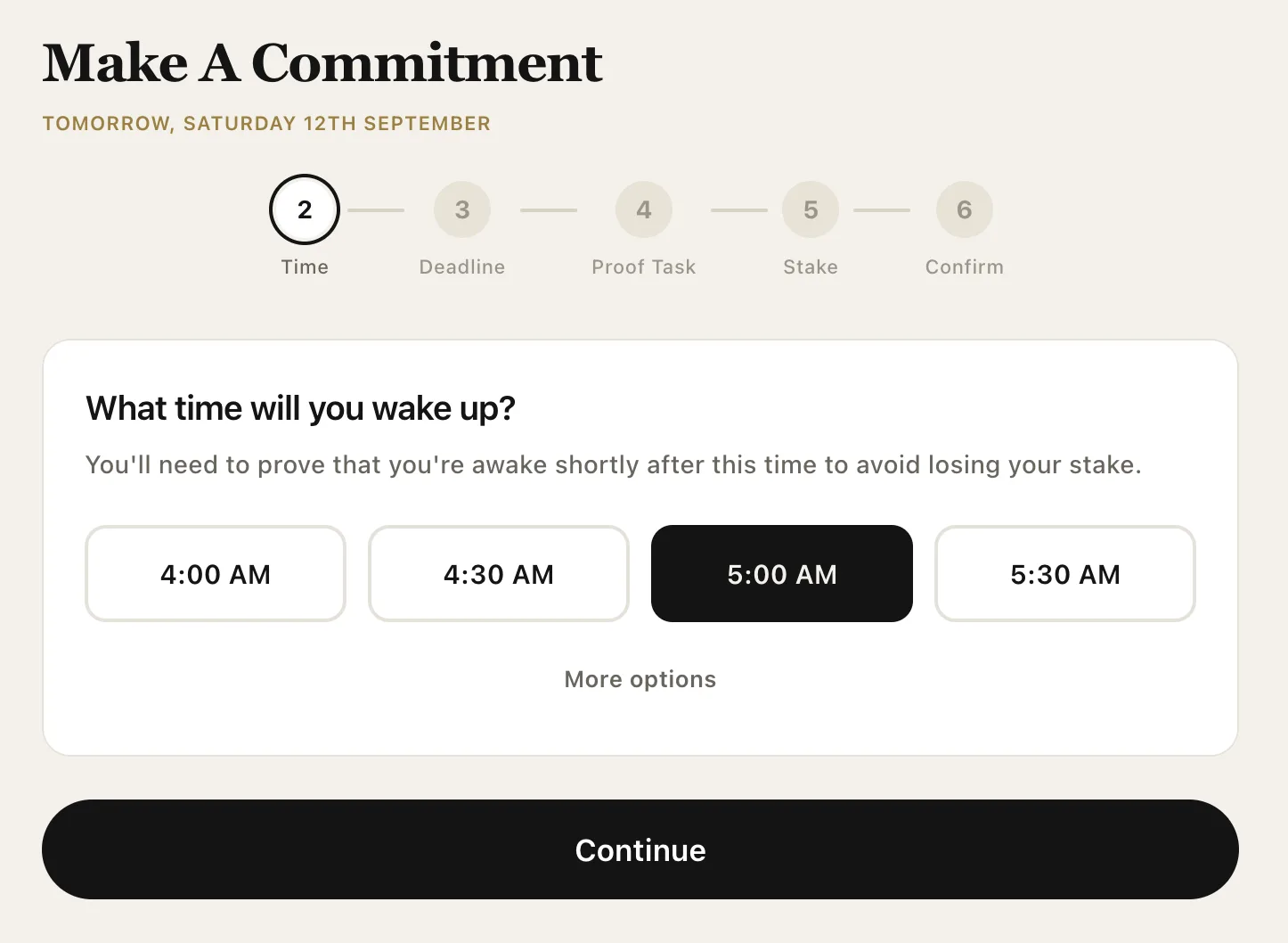 Make a commitment: what time will you wake up? 5:00 AM is selected.