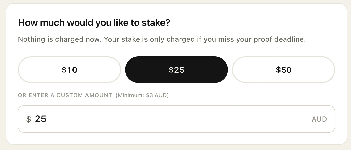 The stake step of the commitment form: $10, $25 or $50, or a custom amount. Nothing is charged now.