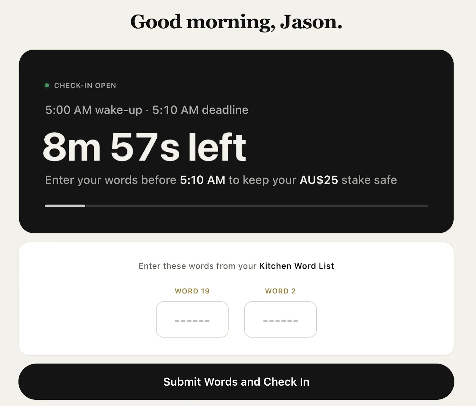 Check-in open: 8 minutes 57 seconds left to enter word 19 and word 2 from your Kitchen word list.