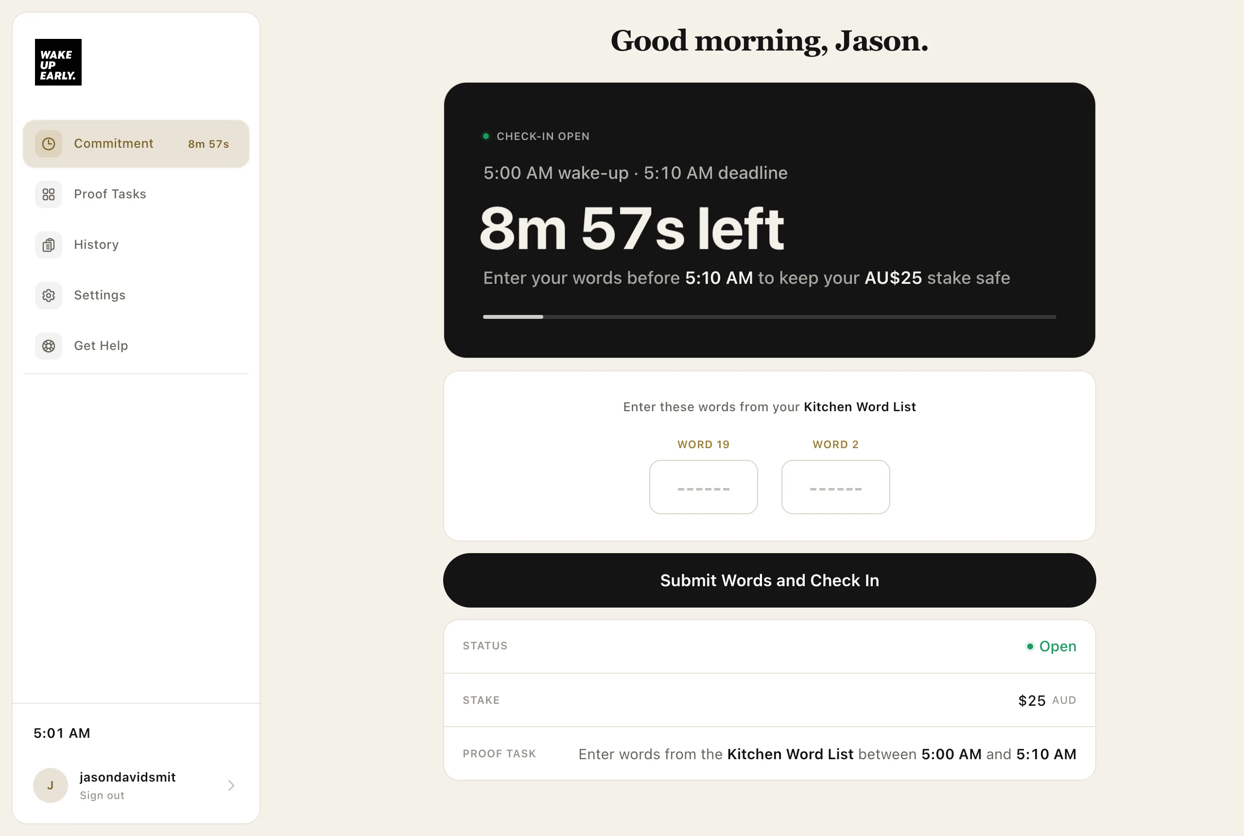 Check-in open: 8 minutes 57 seconds left to enter two words from the Kitchen word list