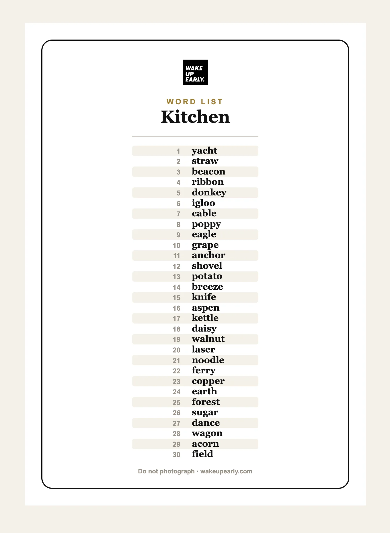 A printed Kitchen word list: 30 numbered words on a single sheet